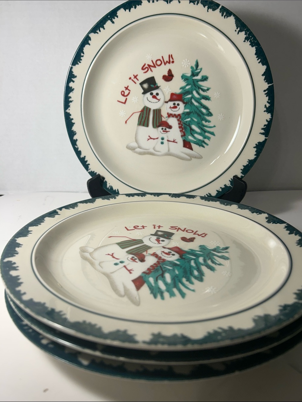 Holiday 'Let It Snow' Snowman Dinner Plates - Teal Trim 11 inch Set